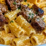 Cajun Steak Tips in Cheesy Rigatoni Parmesan Sauce